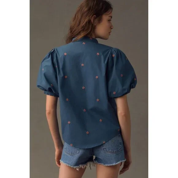 Mare Mare by Antropologie Puff-Sleeve Embroidered Blouse in Blue Size S - Picture 3 of 12